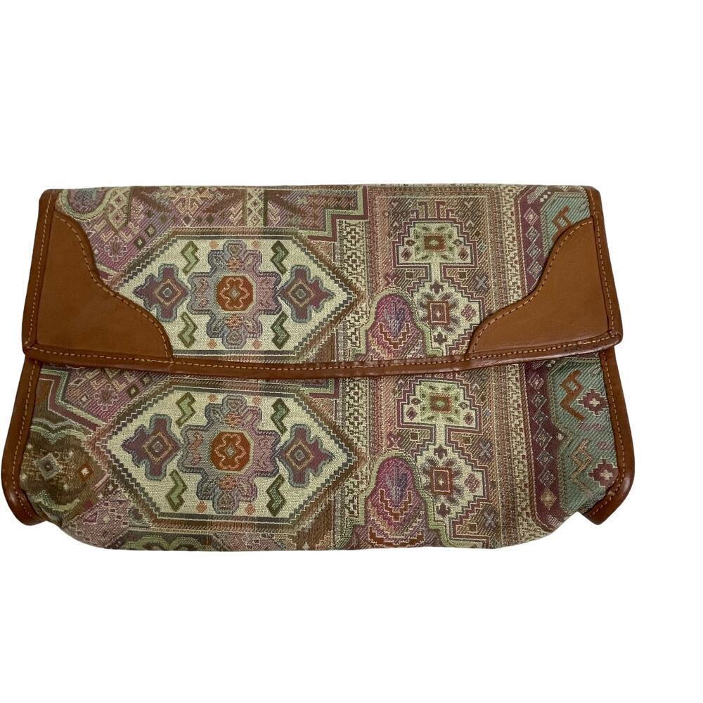 Clutch Italy Purse Tapestry Leather‎ Trim Vintage Magnetic Closure